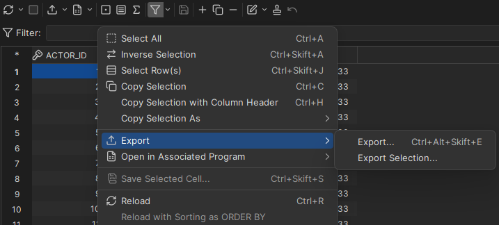 Export actions in the context menu
