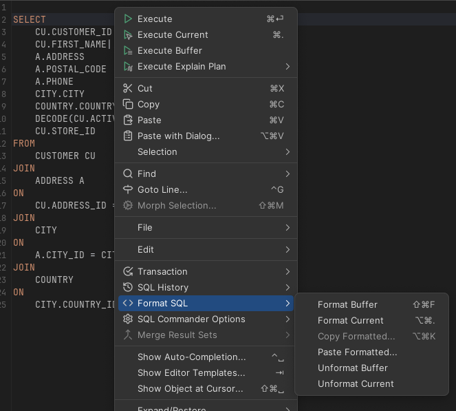 Format SQL sub menu
