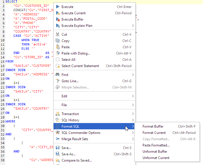 Format SQL sub menu