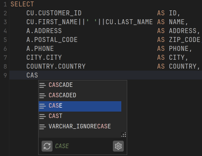 Screenshot of auto completion list showing keywords in SQL editor