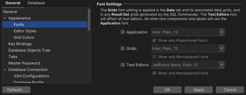 Screenshot of font settings in SQL Commander editor