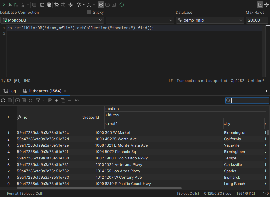 MongoDB Shell script and the corresponding result grid