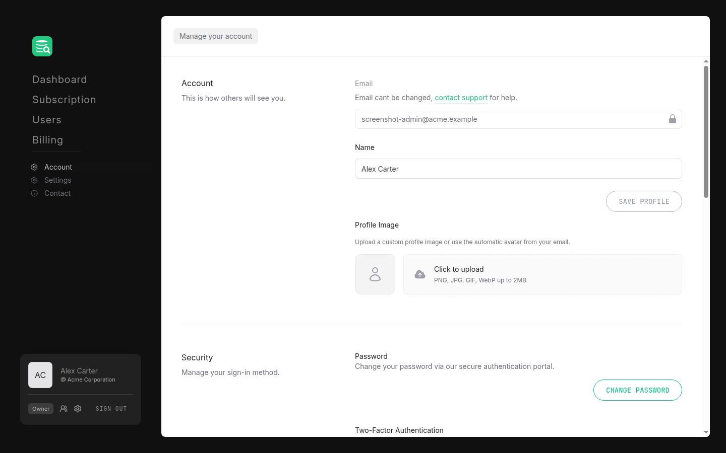 Account page showing the name field, read-only email, and profile image upload area