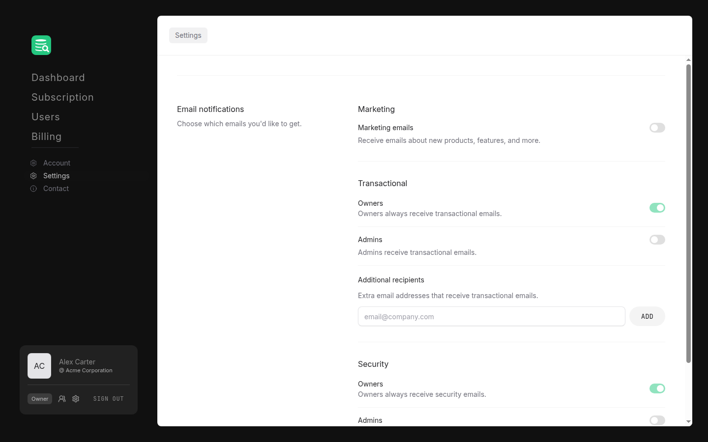 Settings page showing email notification toggles for marketing, transactional, and security categories