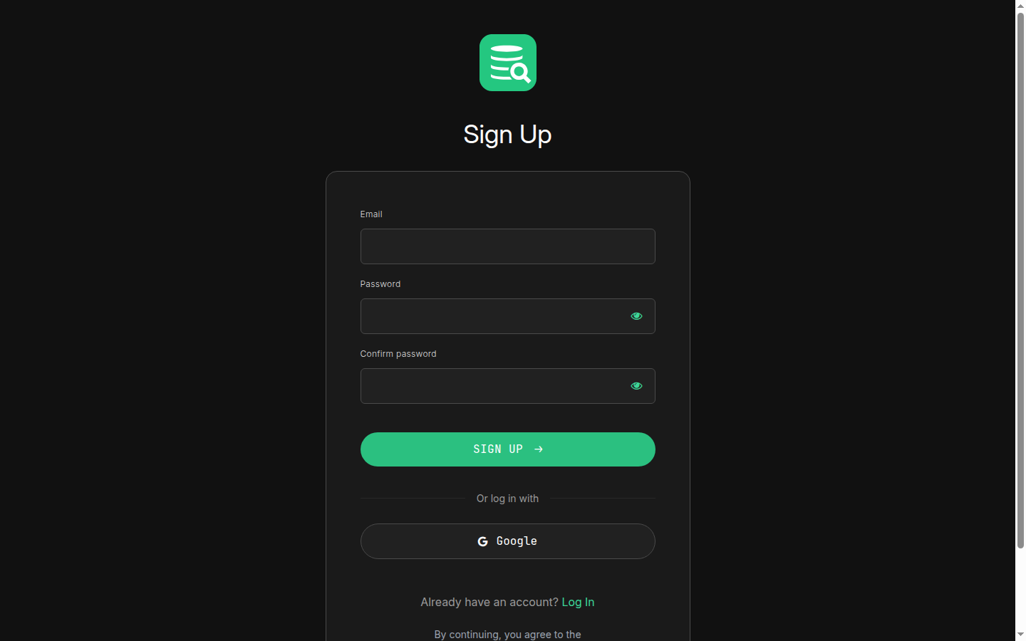 Registration page with email, password, and confirm password fields, plus a Sign in with Google option at the top