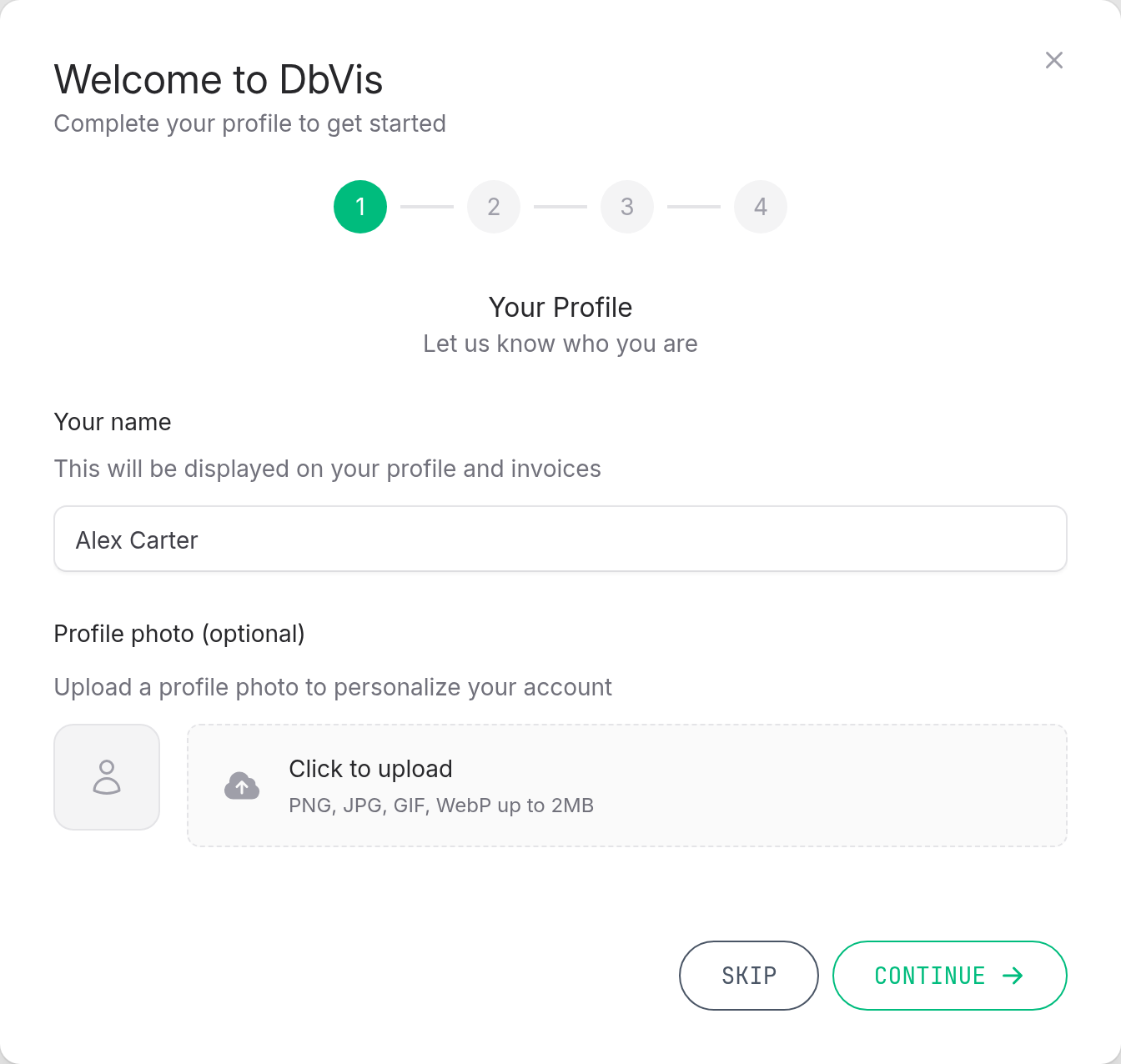 Onboarding Step 1: Your Profile, with a name field and an optional profile photo upload area