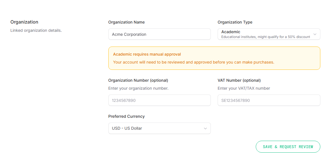 Organization form with an Academic type selected, showing the amber approval callout and the Save & Request Review button
