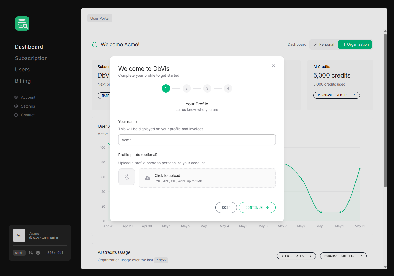 Welcome screen shown on top of the Dashboard right after the first sign-in, introducing the portal and starting the onboarding