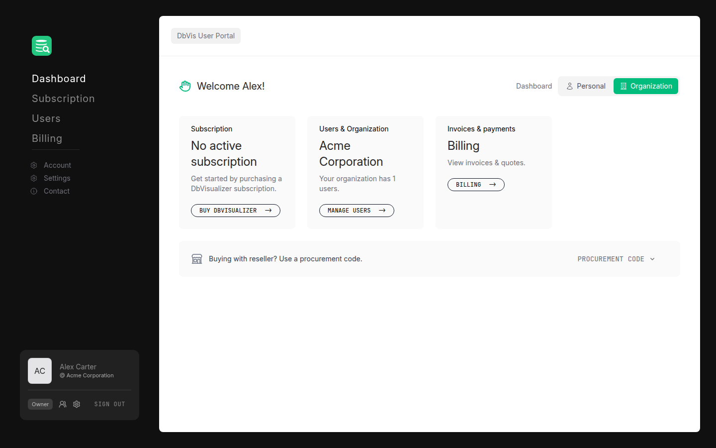 Portal dashboard for an organization without an active subscription, showing the left sidebar with Dashboard, Subscription, Users, and Billing