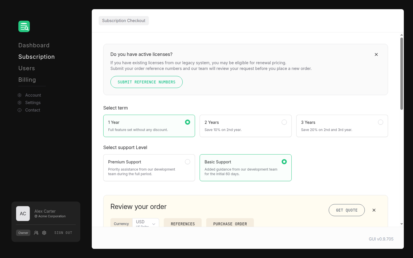 Subscription checkout page showing term selection, support level cards, and the order pricing table with a quantity input