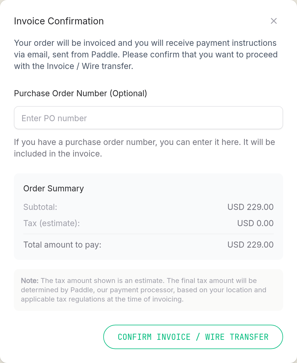 Invoice confirmation dialog showing order summary, optional PO number field, and confirm button