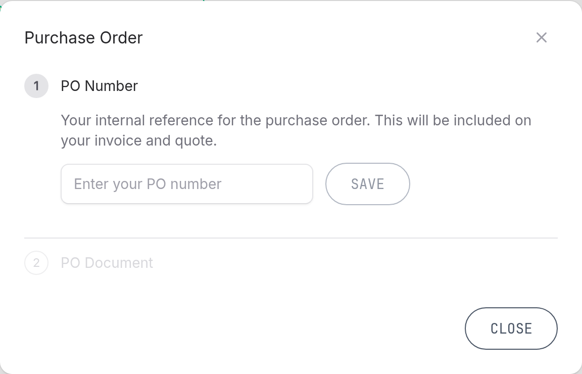 Purchase Order step showing the three-step PO flow: PO number entry, document upload, and optional review request