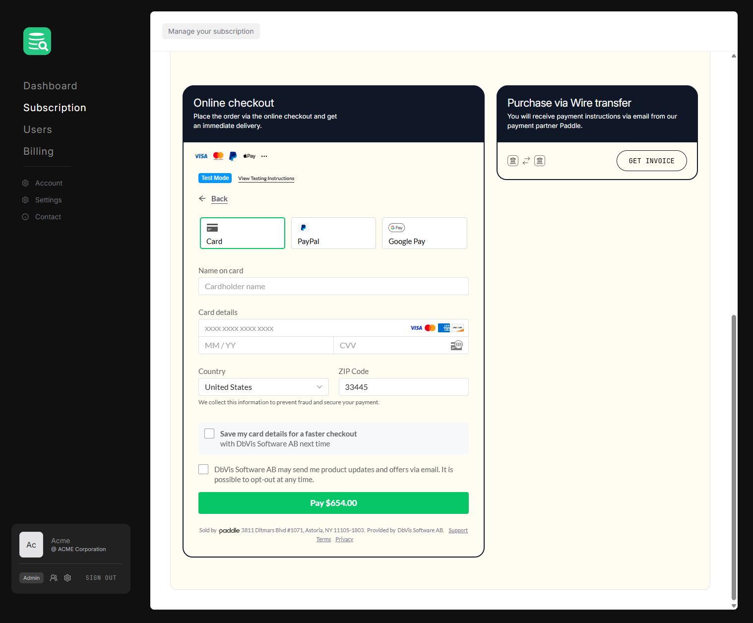 Order page showing the Online checkout card with the embedded Paddle payment form