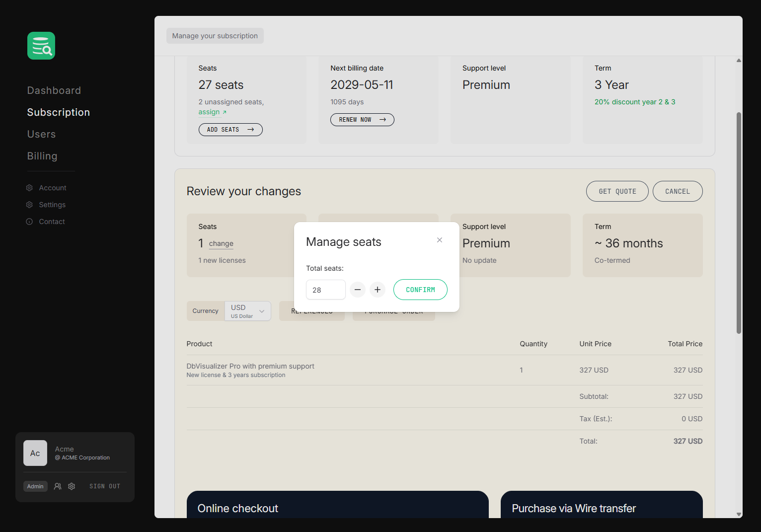 Subscription page Seats card with Add seats and Change seats options for managing the number of seats on an active subscription