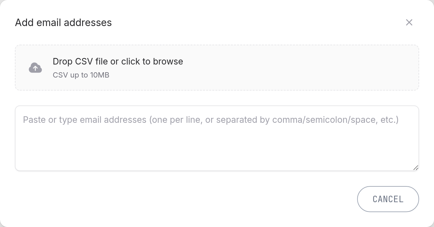 CSV column-mapping step showing email and name column selectors and a row preview