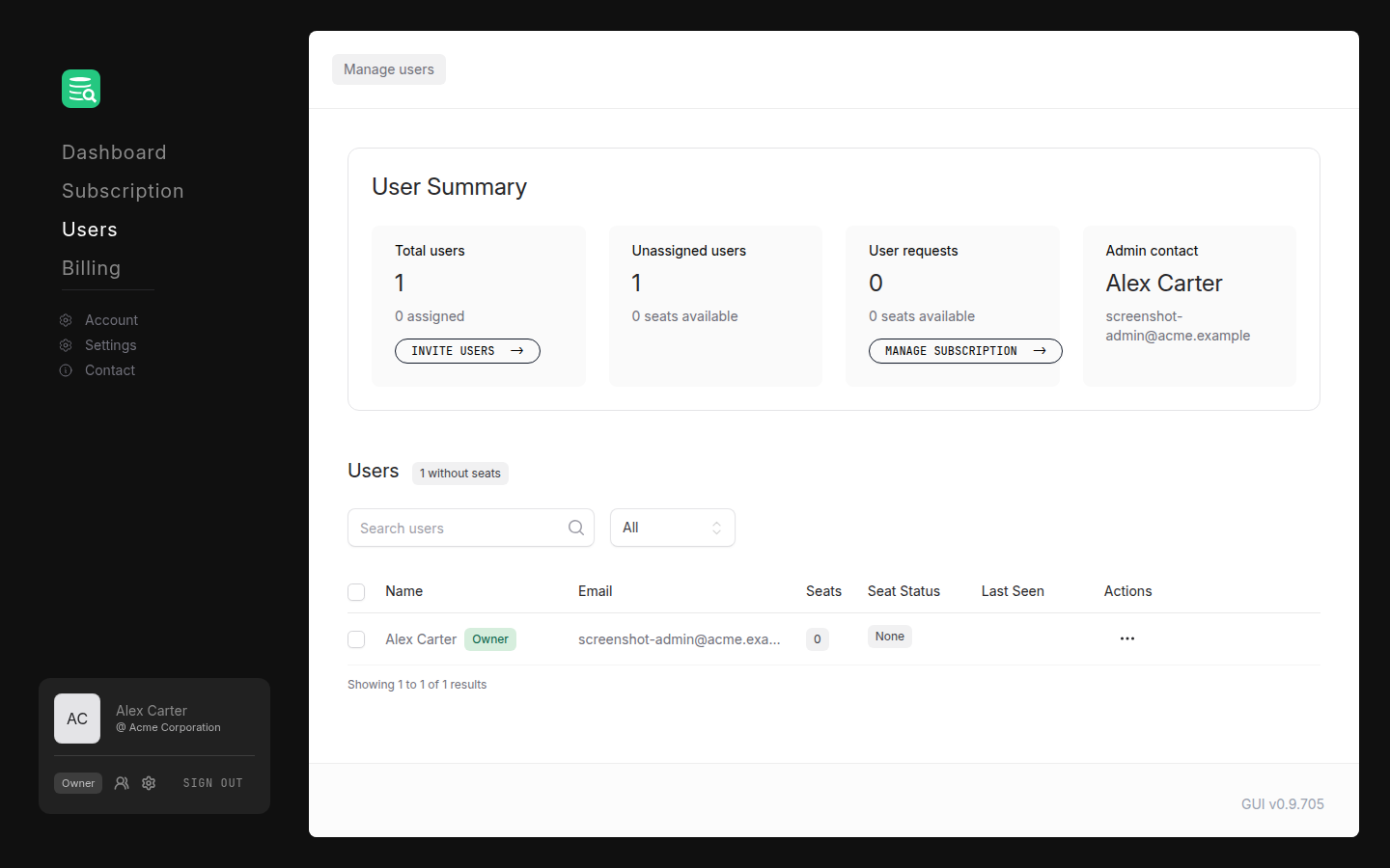 Users table showing Owner and Admin role badges next to user names