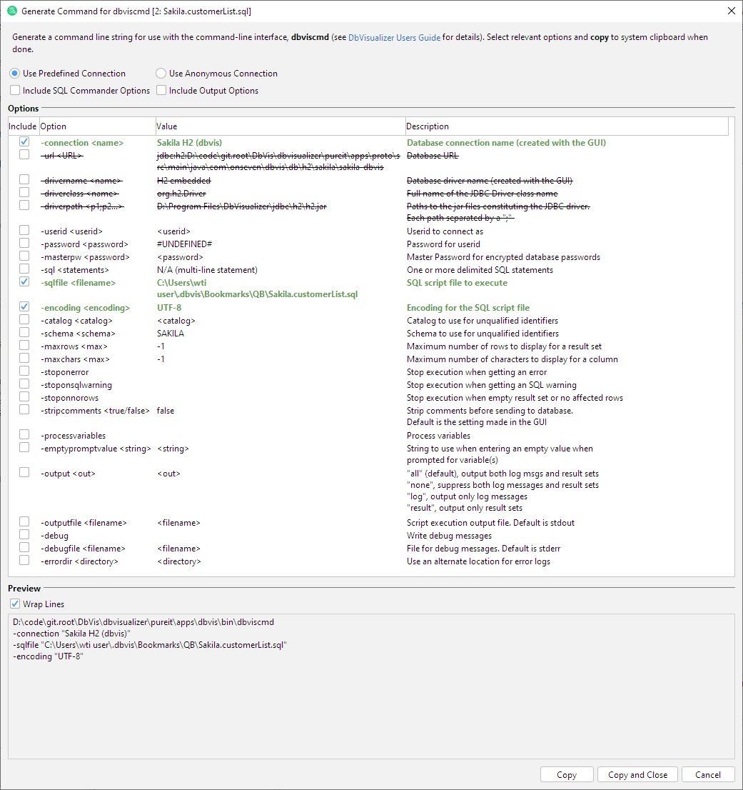 Screenshot of DbVisualizer command generation interface