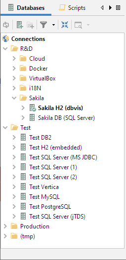 Screenshot showing the organization of database connections in folders