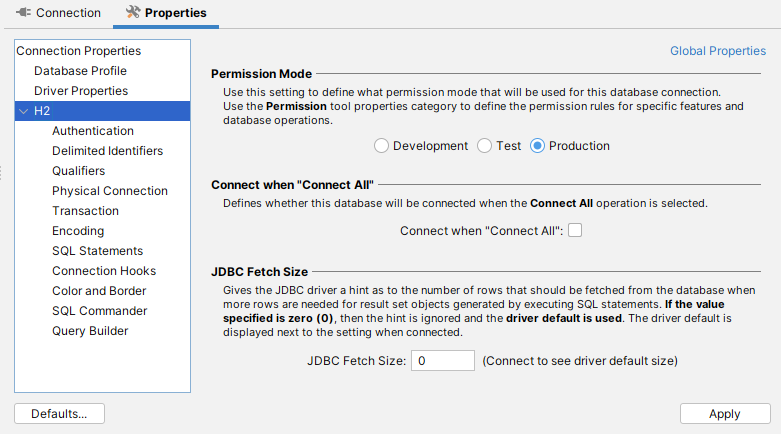 Permission mode settings in DbVisualizer