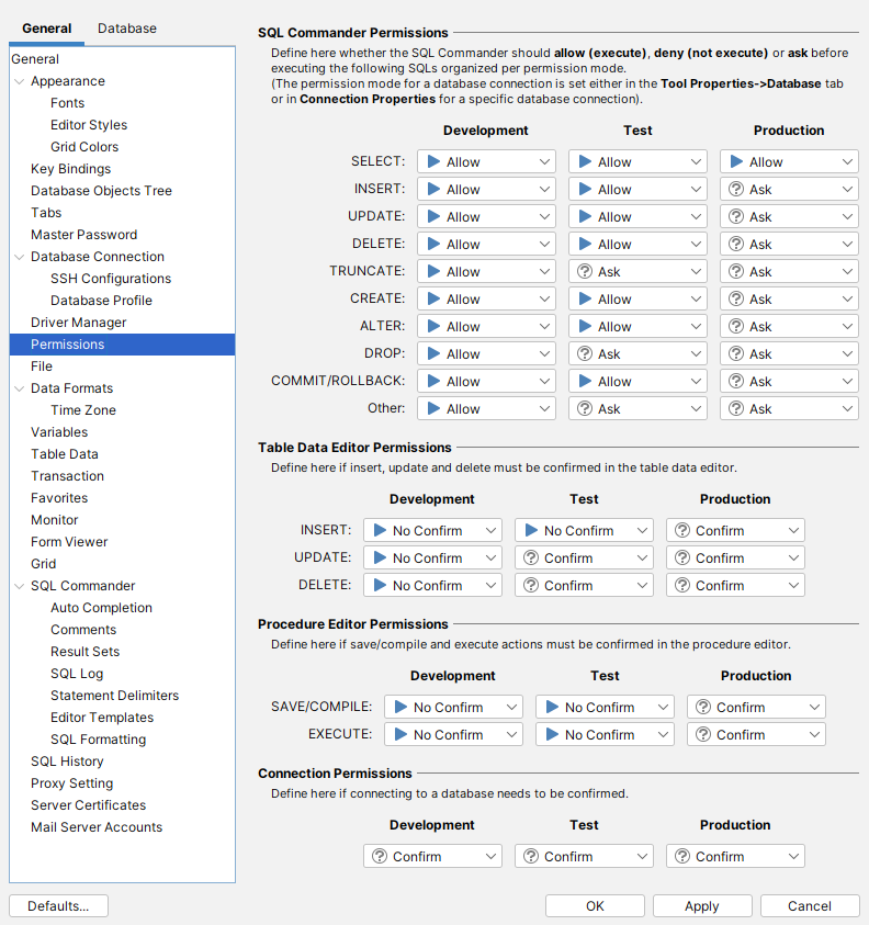 Type selection settings in DbVisualizer