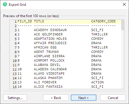 Preview of exported data in DbVisualizer