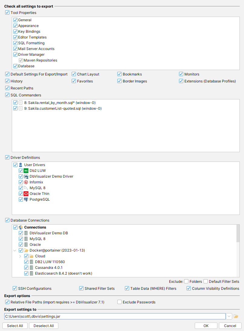 Export settings menu in DbVisualizer