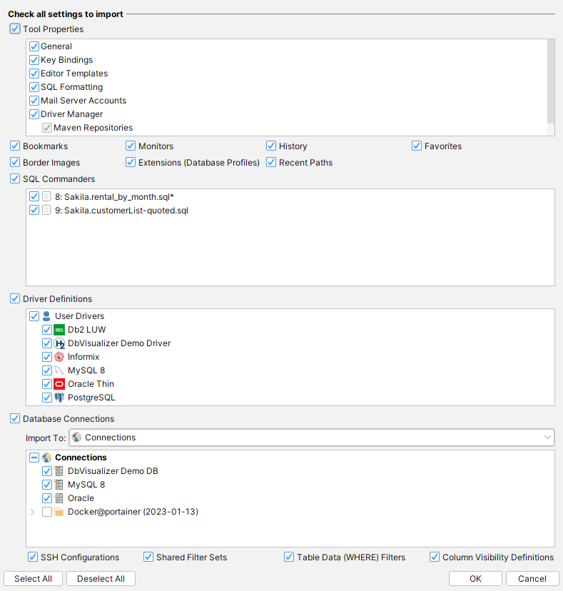 Import settings menu in DbVisualizer