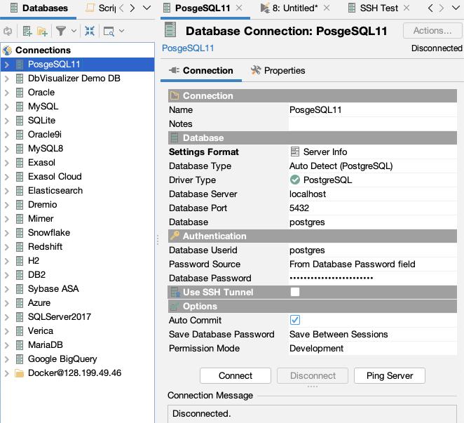 Object View tab for the new database connection