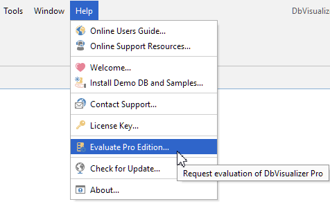 Help menu option in DbVisualizer
