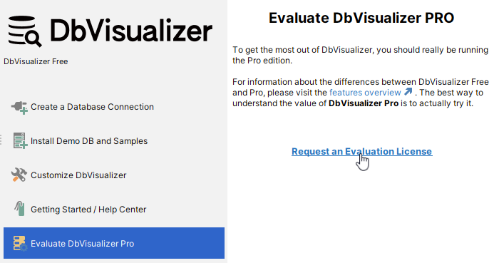 DbVisualizer welcome screen with evaluate pro option