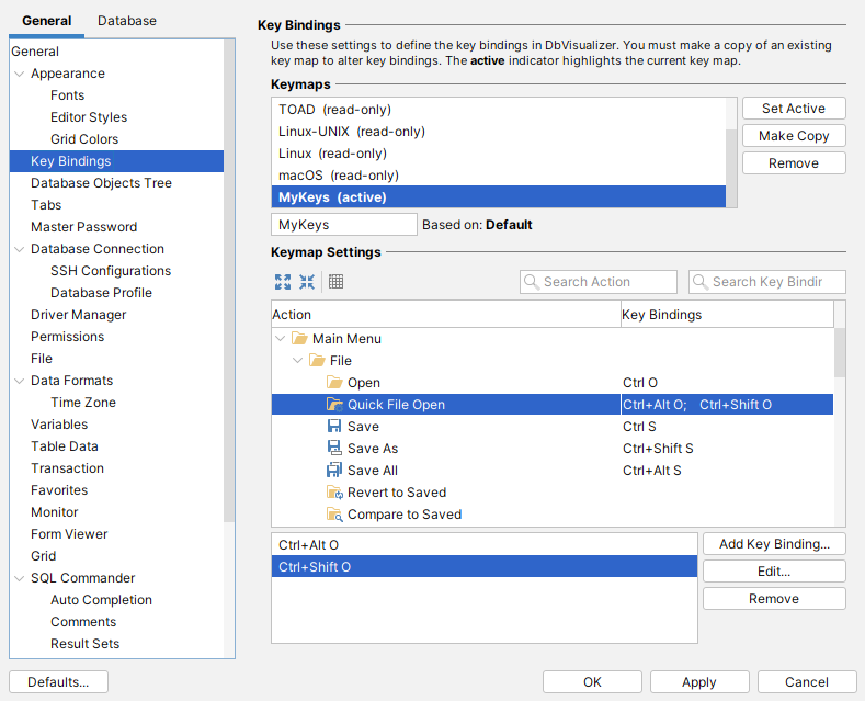 Screenshot of making a copy of a keymap in DBVisualizer