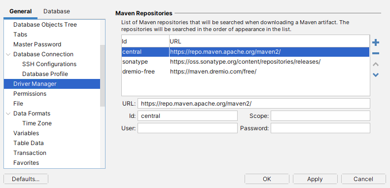 Screenshot of Maven Repositories Interface in DbVisualizer