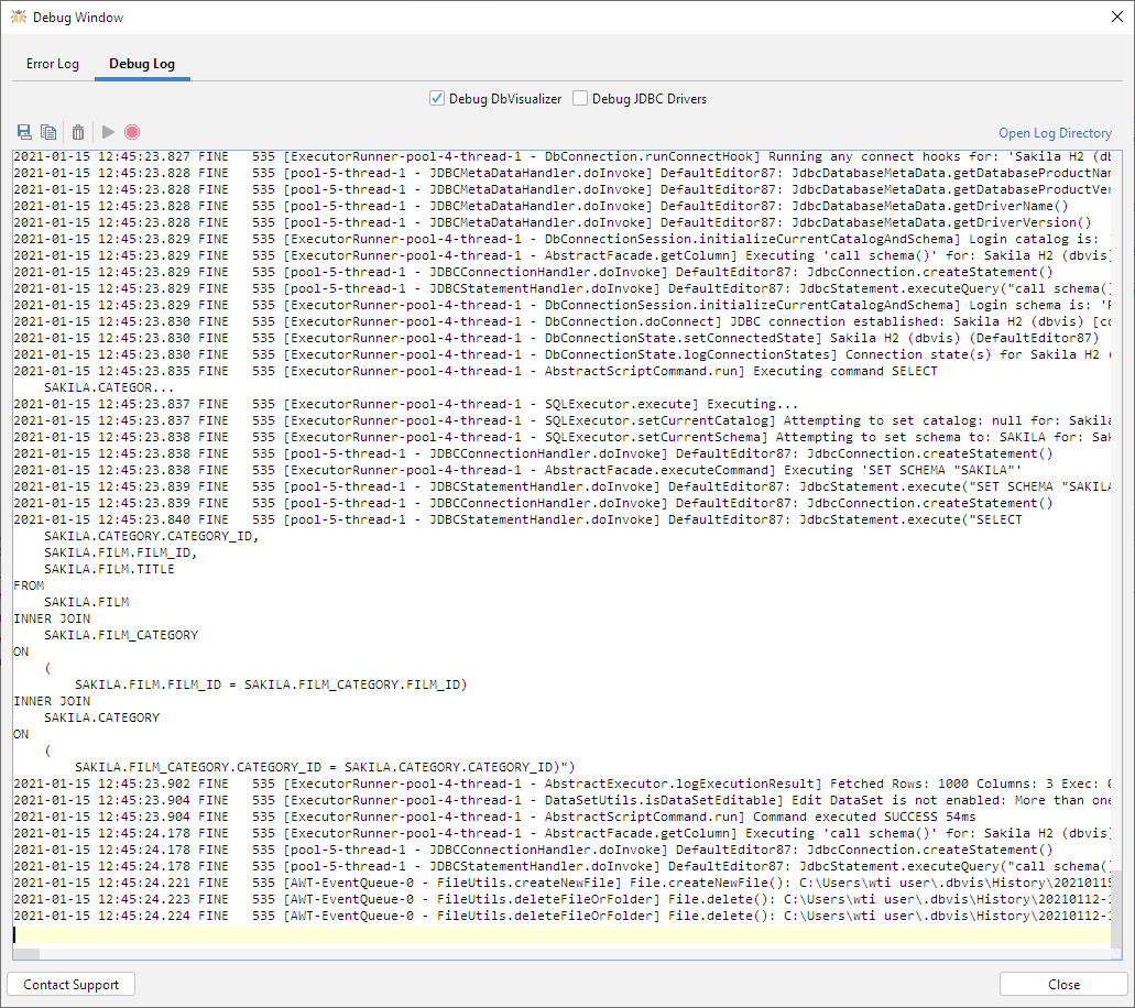 Screenshot of DbVisualizer's debug window
