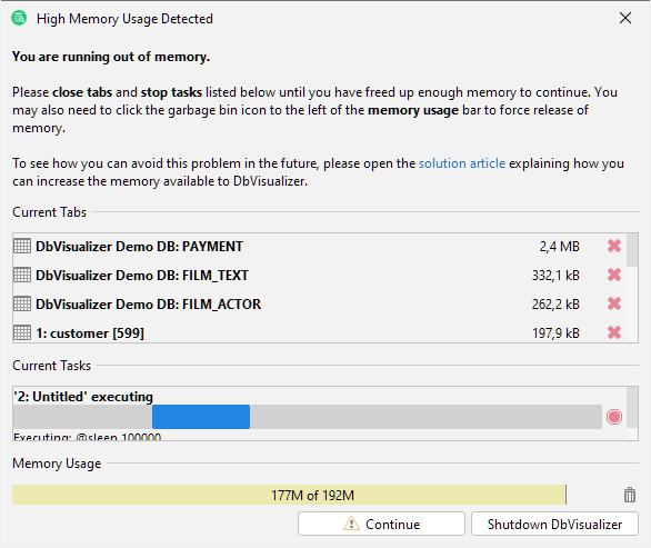 Screenshot of the High Memory Usage window in DbVisualizer