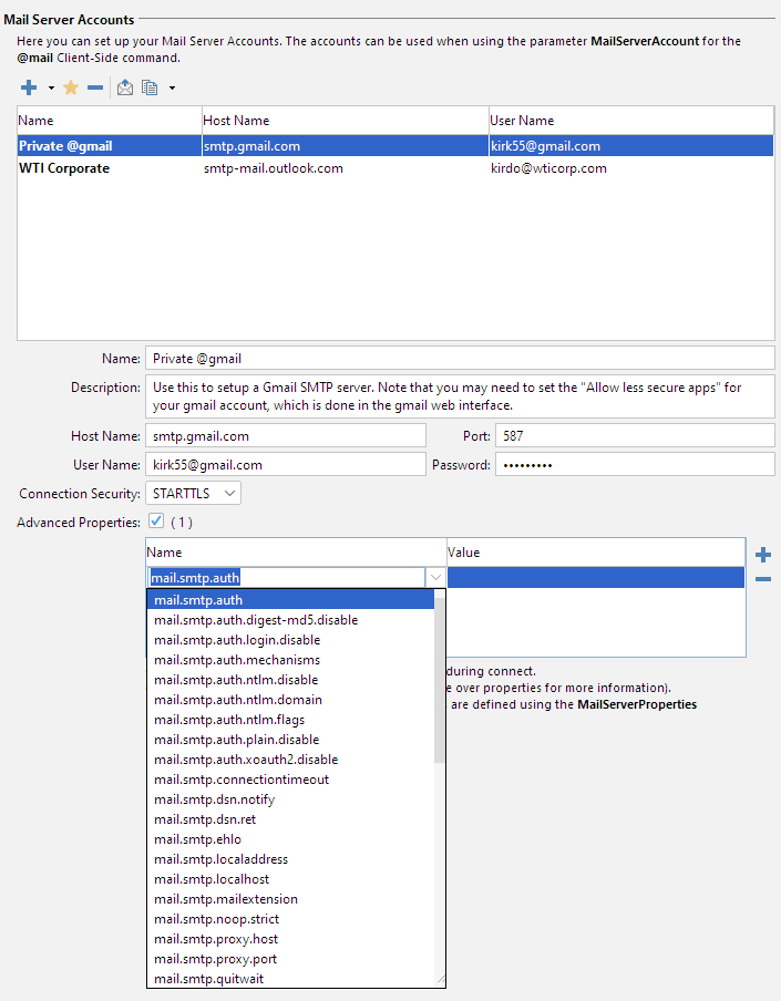 Screenshot of DbVisualizer mail server settings