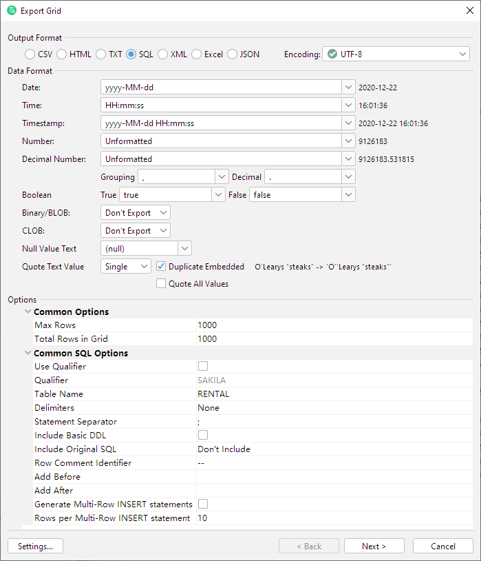 Screenshot of the Export Table dialog