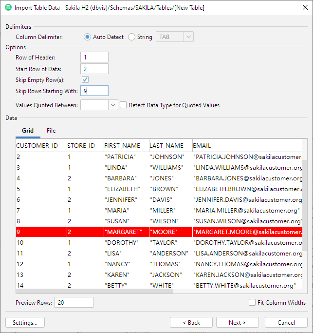 Screenshot of CSV format page