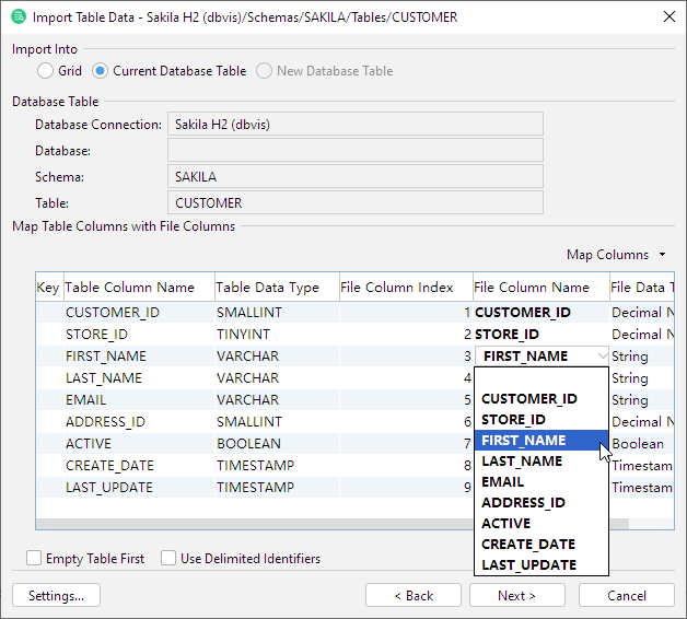 Screenshot of Map Table Columns with File Columns grid