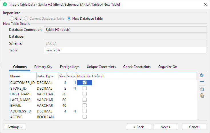 Screenshot of New Table Declaration