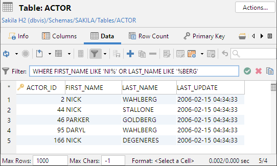 Screenshot showing the inline filter view in DbVisualizer