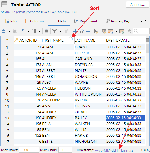 Screenshot showing how to open the Data tab for a table in DbVisualizer