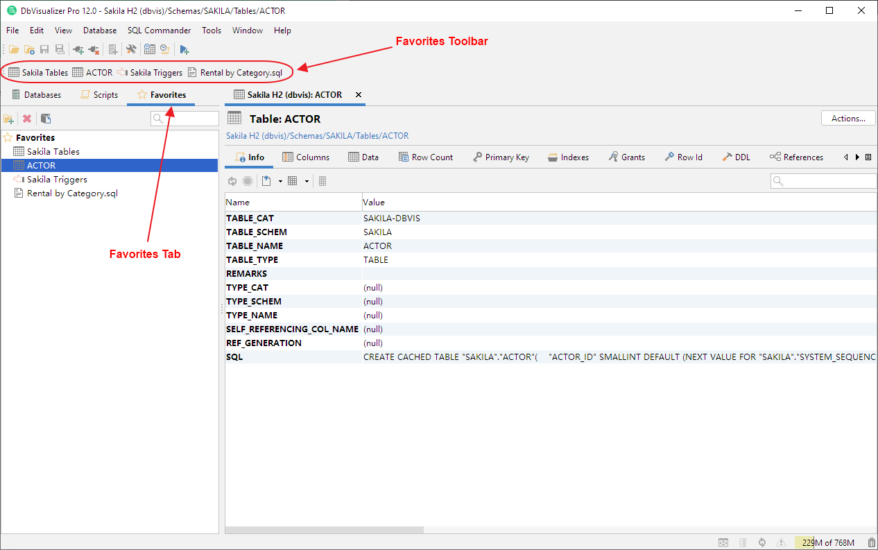 Favorites toolbar showing database objects