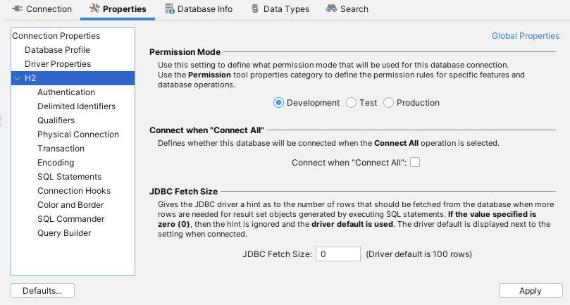 Connection Properties sub tab in DbVisualizer
