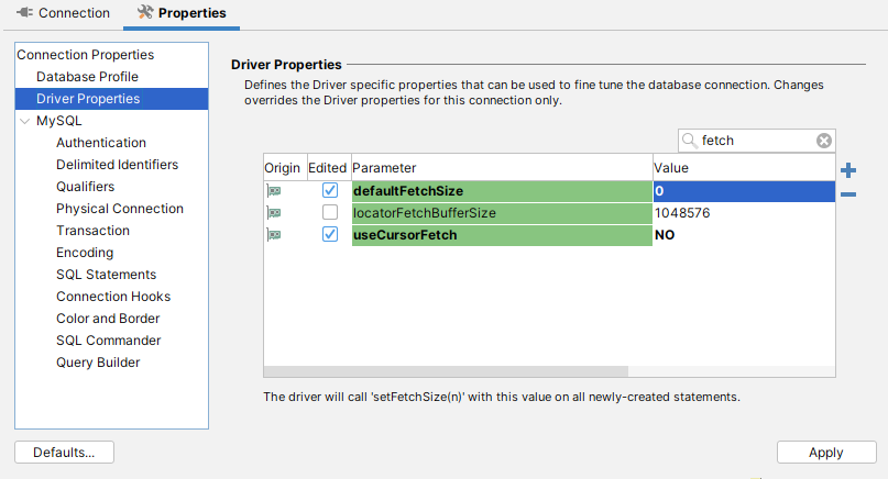 Driver Properties category in DbVisualizer