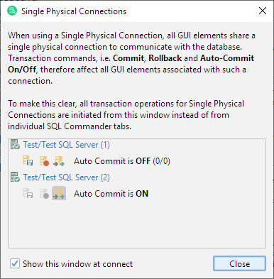 Screenshot of the Single Shared Physical Connections window in DbVisualizer