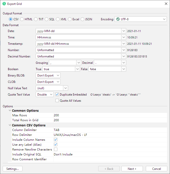 Preferences for export data in DbVisualizer