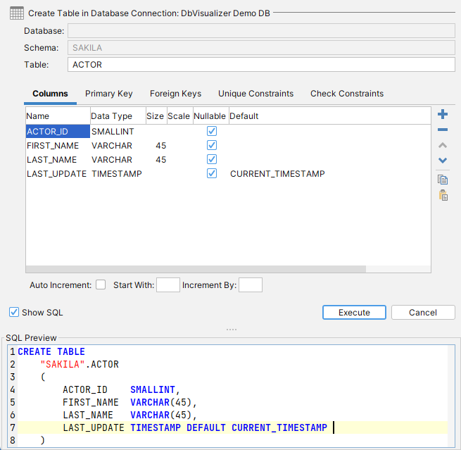 The dialog window for adding columns and constraints to the table