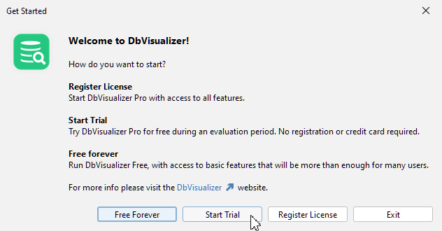 DbVisualizer initial start screen