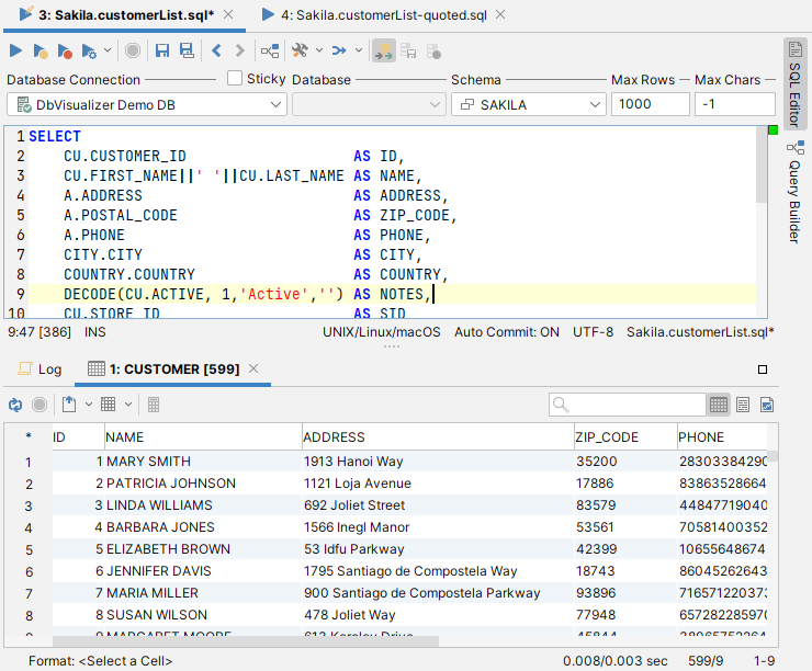 Screenshot of the SQL Commander tab in DbVisualizer