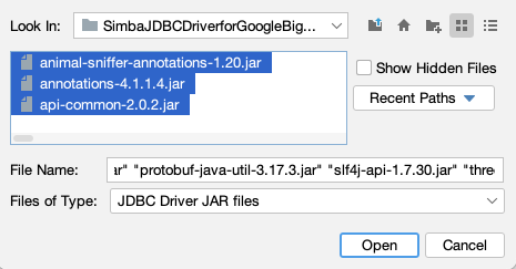 A screenshot showing JDBC drivers that require several JAR files
